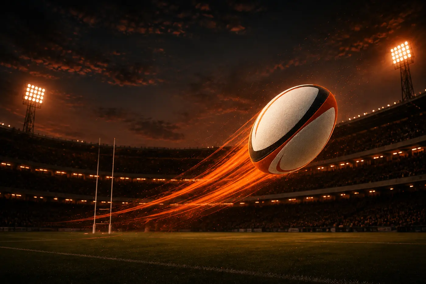 Ballon de rugby en mouvement dans un stade aux couleurs orange et noir